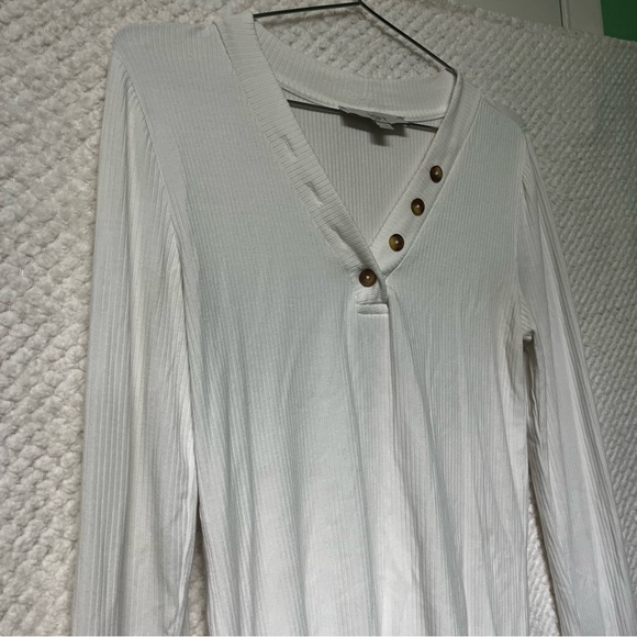 LOFT Ribbed Long Sleeve Top with Button Accents Soft White V Neck Medium - Picture 3 of 9